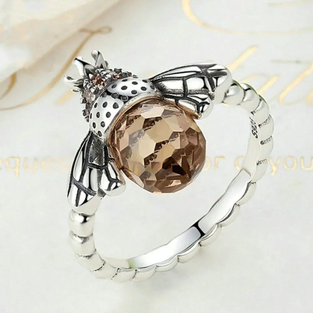 NWT Amber Cubic Zirconia Queen Bee Ring Sterling Silver Plate Pave Accent